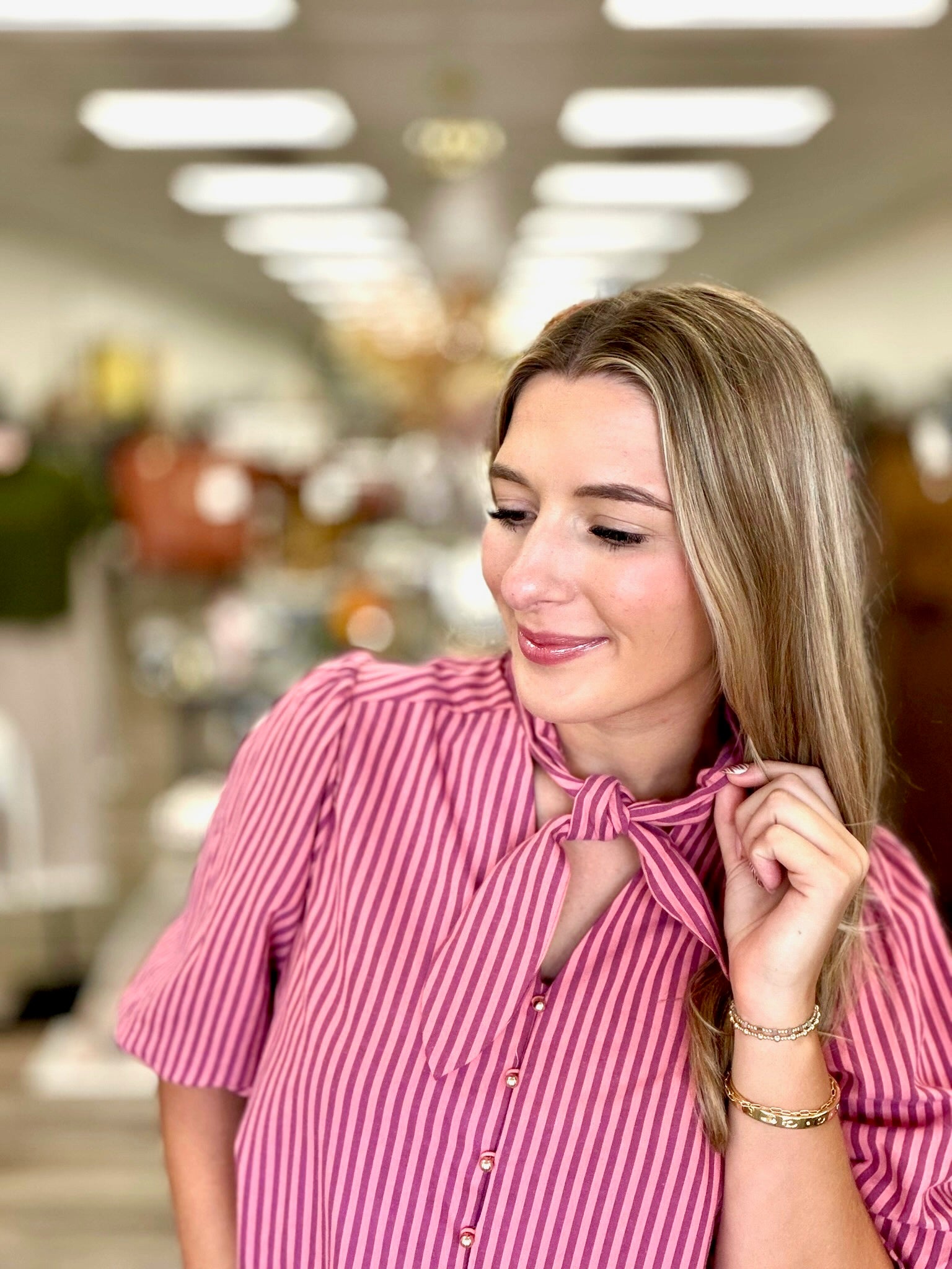 The Marlowe Strip Tie-Neck Blouse