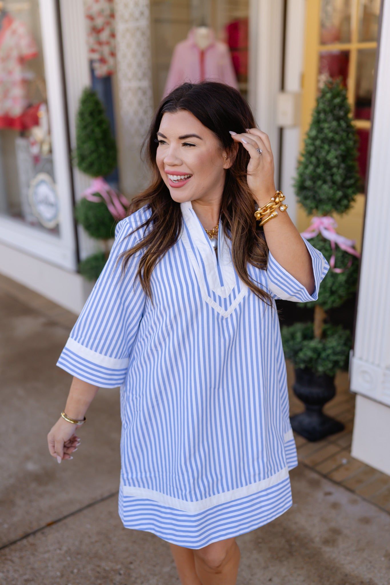 The Hallie Dress - Striped Blue Collar Detail Puff Sleeve Dress - Entro