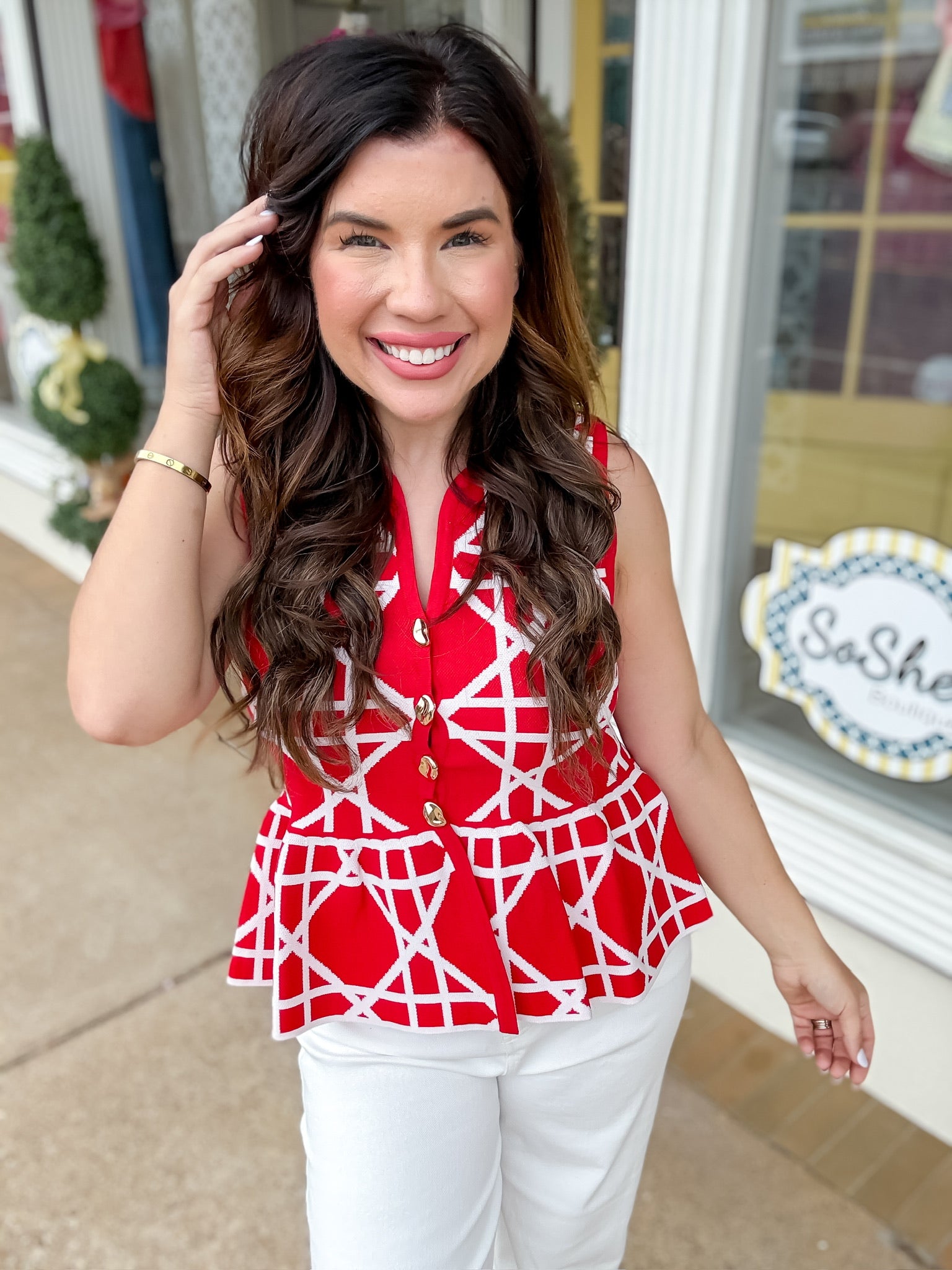 The Dawn top - Red sleeveless gold button down sweater top with white stripe design - Entro