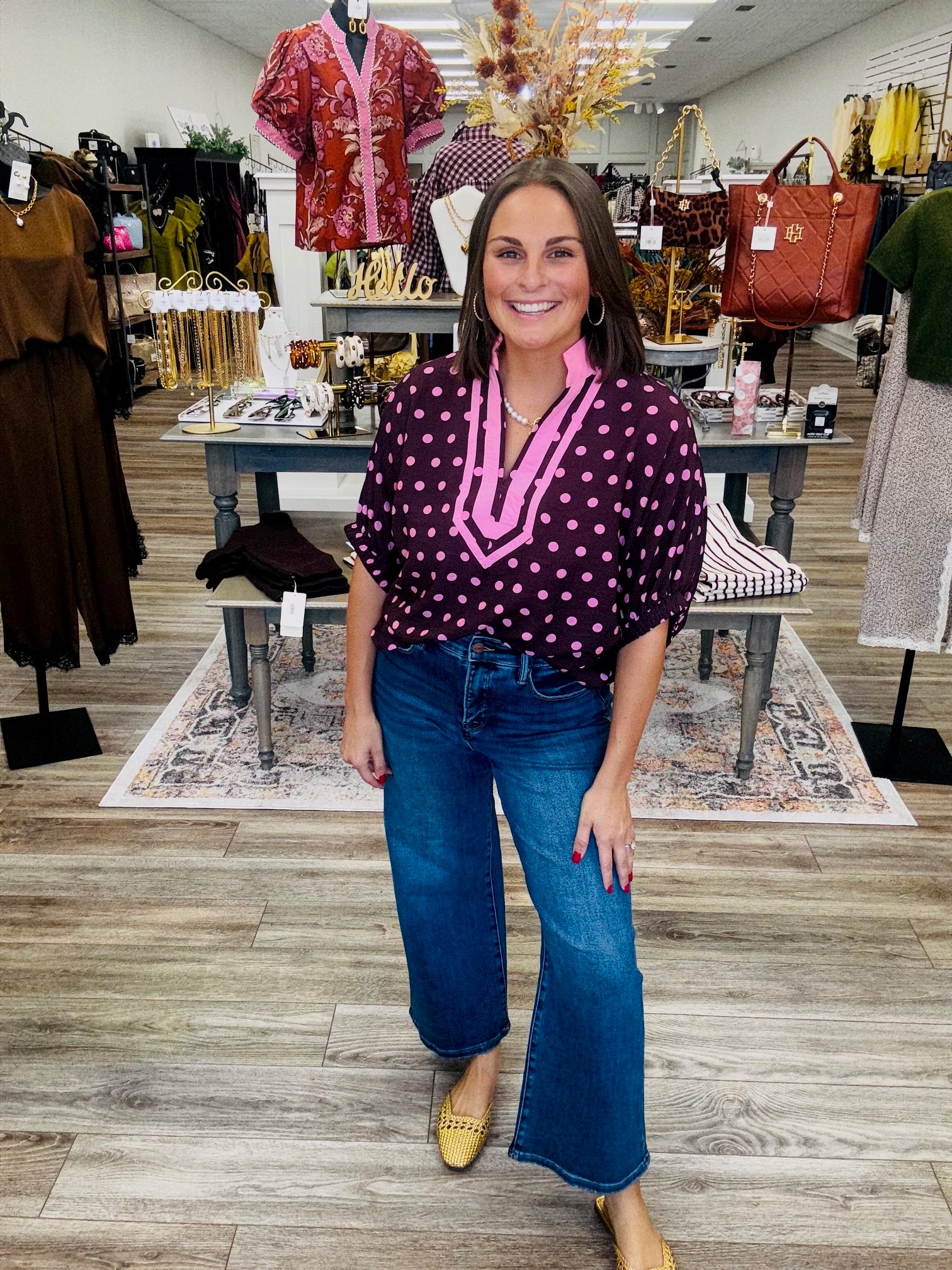 The Brittany Polk Dot Top - V neck Line Drop shoulder with elastic sleeve