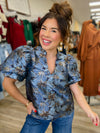 The Taryn Top - Floral Blue Jacard Puff Sleeve - Glam