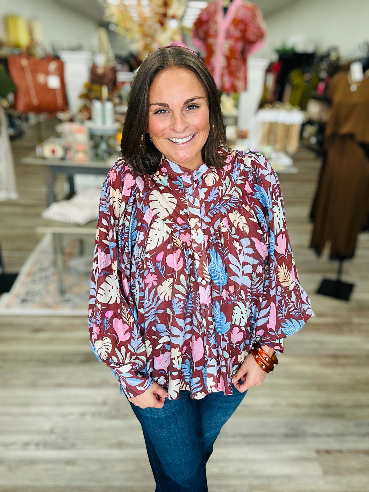 Autumn Canopy Botanical Tie-Cuff Blouse