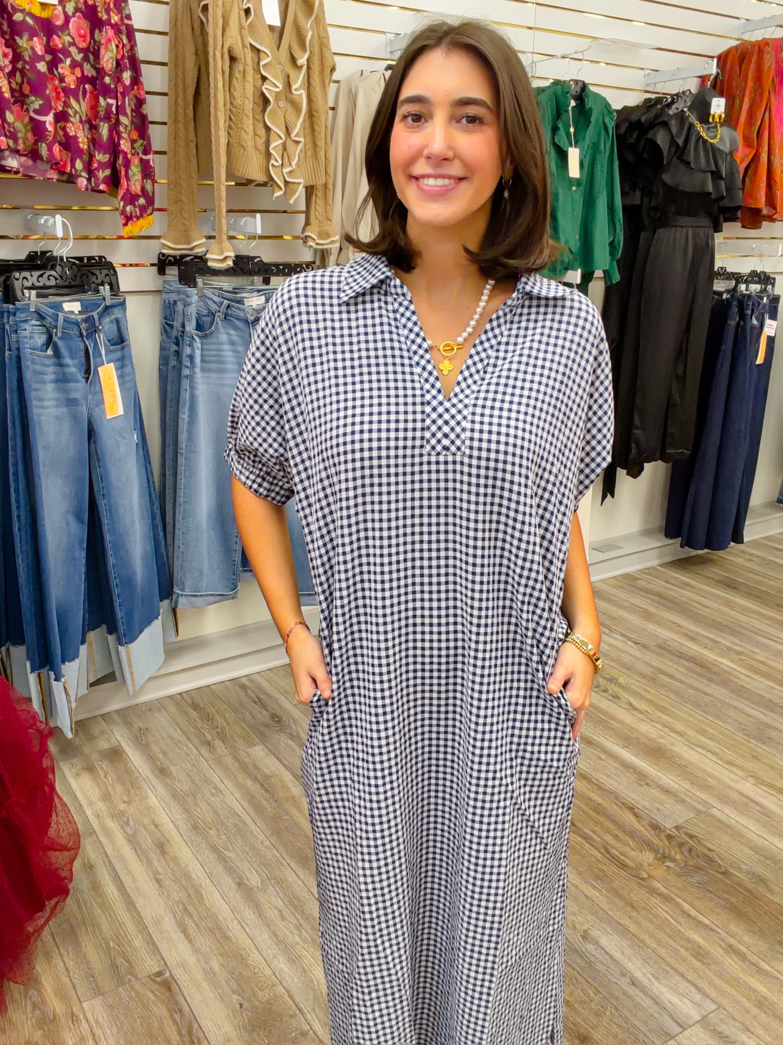 The Charlotte Gingham Dress - Navy Sihouette V Neck Collar - Entro