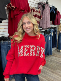 The “Merry” Red Sweatshirt - Embroidered Mock Neck Soft Sweatshirt