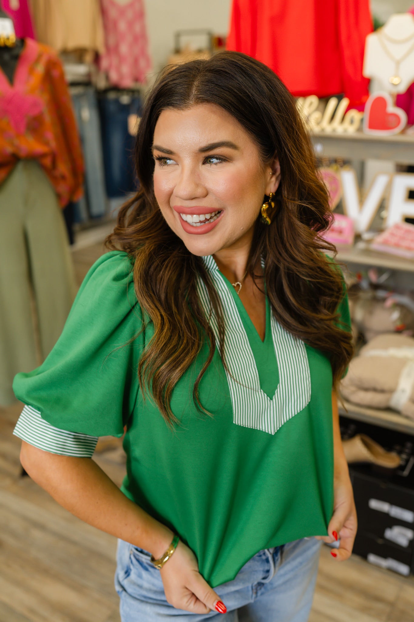 The Presley Top - Puff Sleeve Striped Trim Neckline - Green - Jodifl