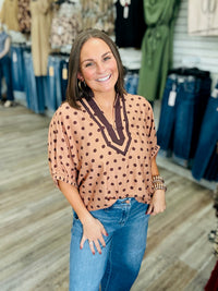 Autumn Mocha Charm Contrast Trim Polka Dot Blouse