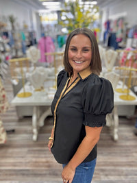 Sadie Black Top - Brown Collar Button Down Detail With Puff Sleeve V Neckline Featuring a Relaxing Fit