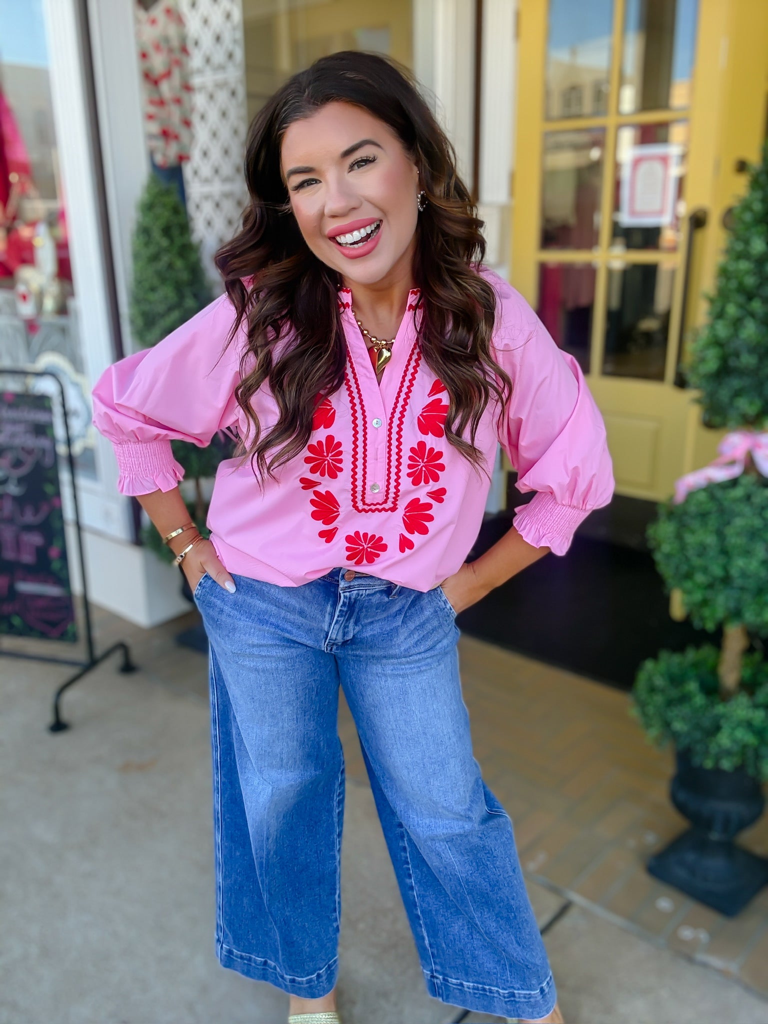 The Lillian Top - Pink V neck embroidered Detail -Entro