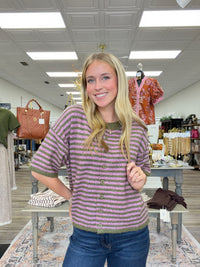 Sweet moss button knit - A soft knit short-sleeve cardigan with pink and olive green horizontal stripes, a crew neckline, and front button closure.