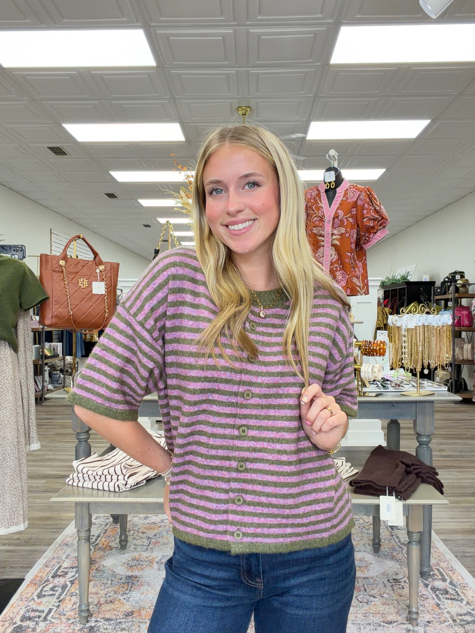 Sweet moss button knit - A soft knit short-sleeve cardigan with pink and olive green horizontal stripes, a crew neckline, and front button closure.