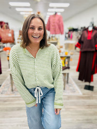 Simply Sage Striped Sweater - cozy sage green and ivory striped button-front sweater featuring a soft, fuzzy texture, relaxed fit, and classic crew neckline