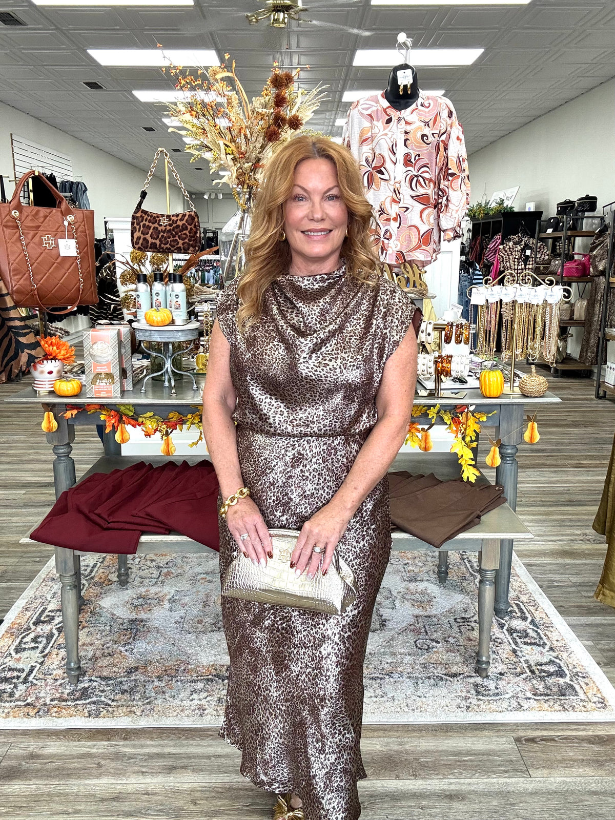 The Amanda Leopard Set -  Metallic Skirt Set Sleeves-less top With High Neck Long skirt