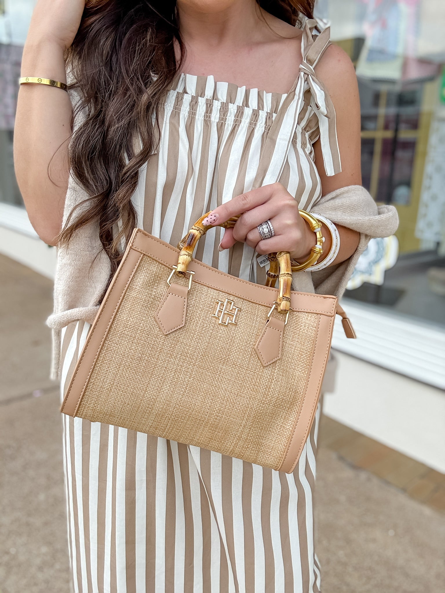 Carla Striped Midi Dress/ tan and white with shoulder tie straps/ Wishlist