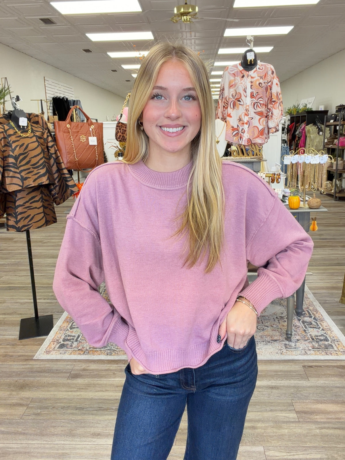 The Morgan sweater - blush pink knit sweater, exposed seam detailing, dropped shoulders, and ribbed trim at the neckline, cuffs, and hem
