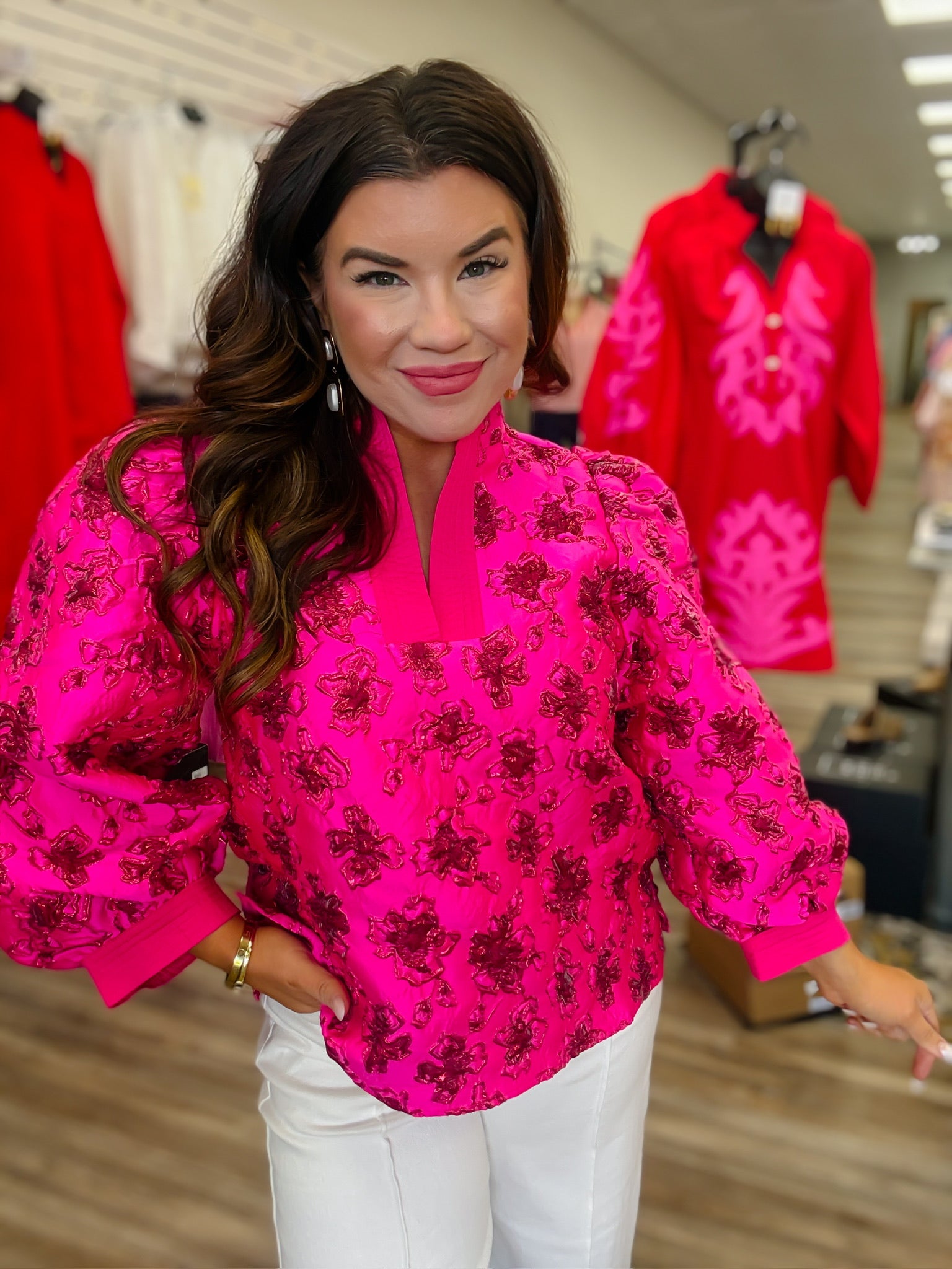 The Brielle Bloom Top - Hot Pink Floral Textured Chic Glam - Jodifl