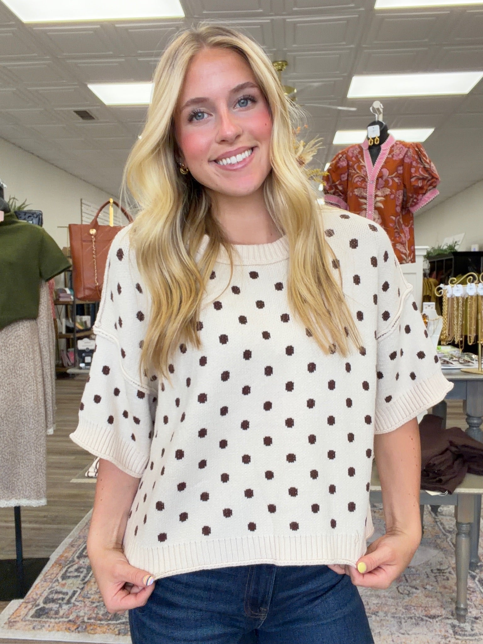 The Destiny Polk Dot Top - Round Neckline Sweater Top Soft Material