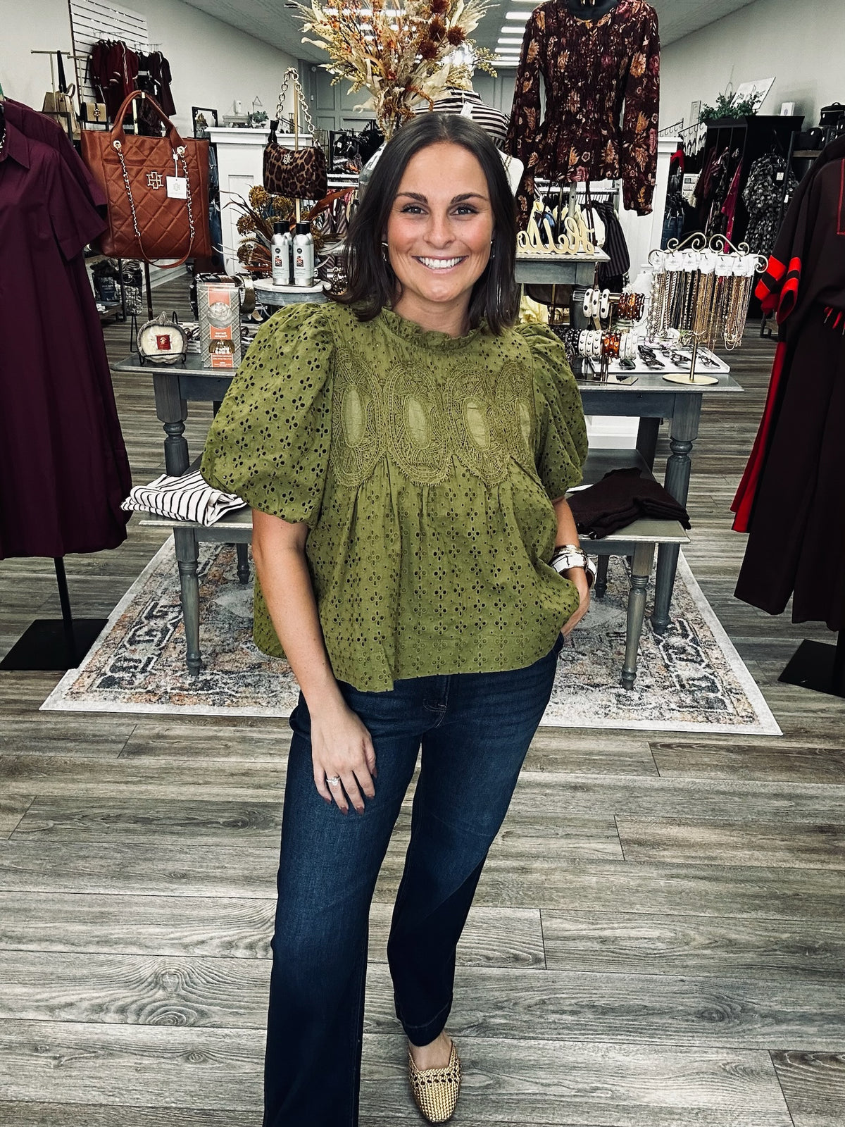 The Olivia olive top - puff sleeve, eyelet detailing