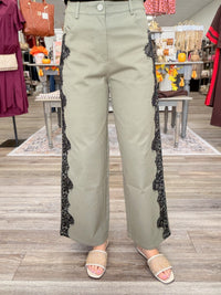 The Eva Olive Pants - Side Lace Trim Detail Wide Leg