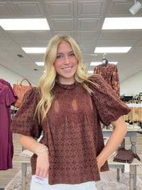 Sweet as Cocoa Blouse - Rich chocolate brown eyelet top featuring intricate crochet detailing, dramatic puff sleeves, and a feminine ruffled neckline.