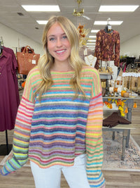 Happy hues sweater - soft, colorful rainbow-striped knit sweater featuring a cozy relaxed fit, and crew neckline