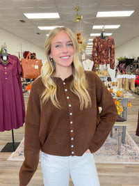 The Miranda cardigan- chocolate brown button down long sleeve soft - ee:some