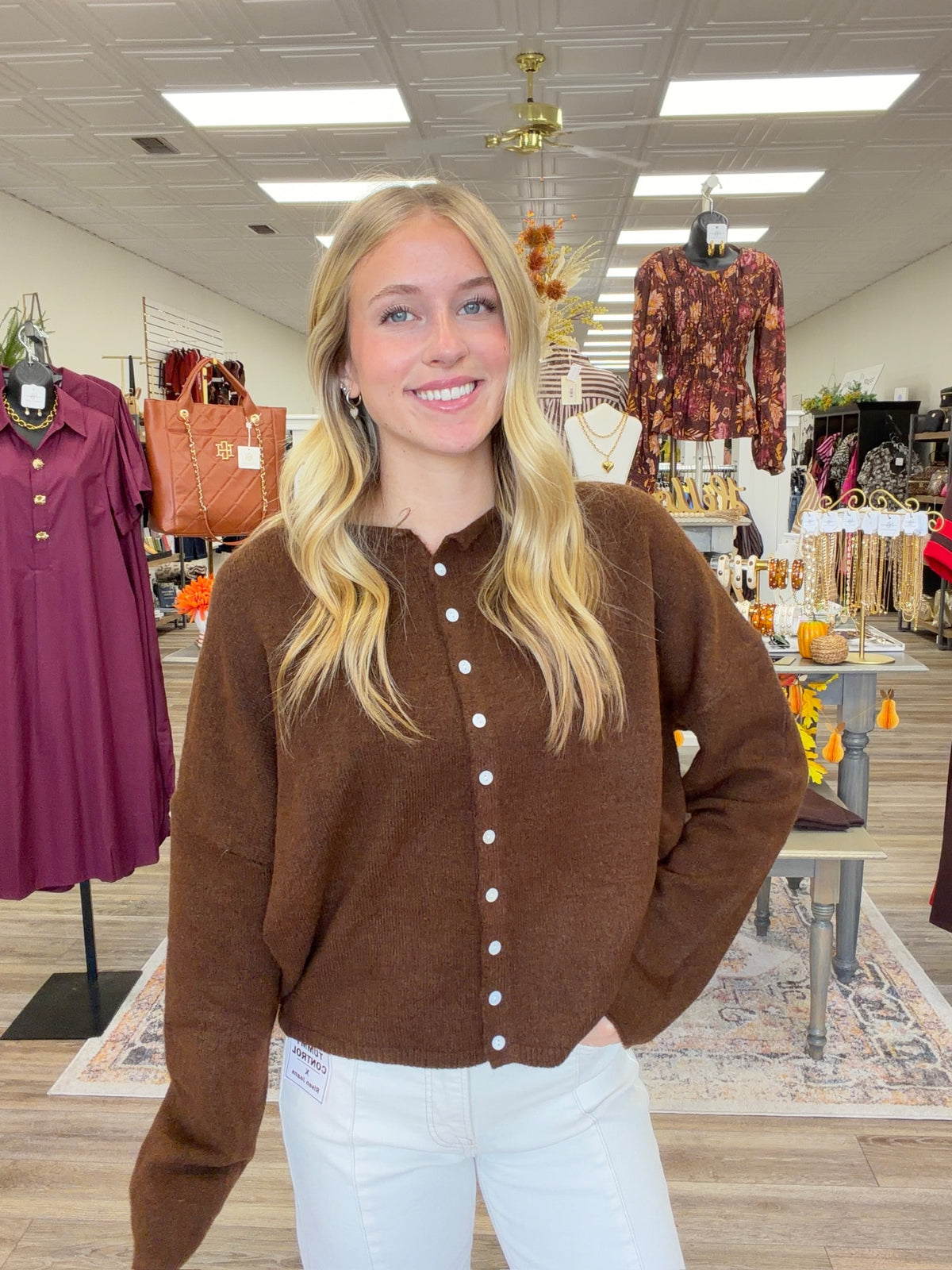 The Miranda cardigan- chocolate brown button down long sleeve soft - ee:some