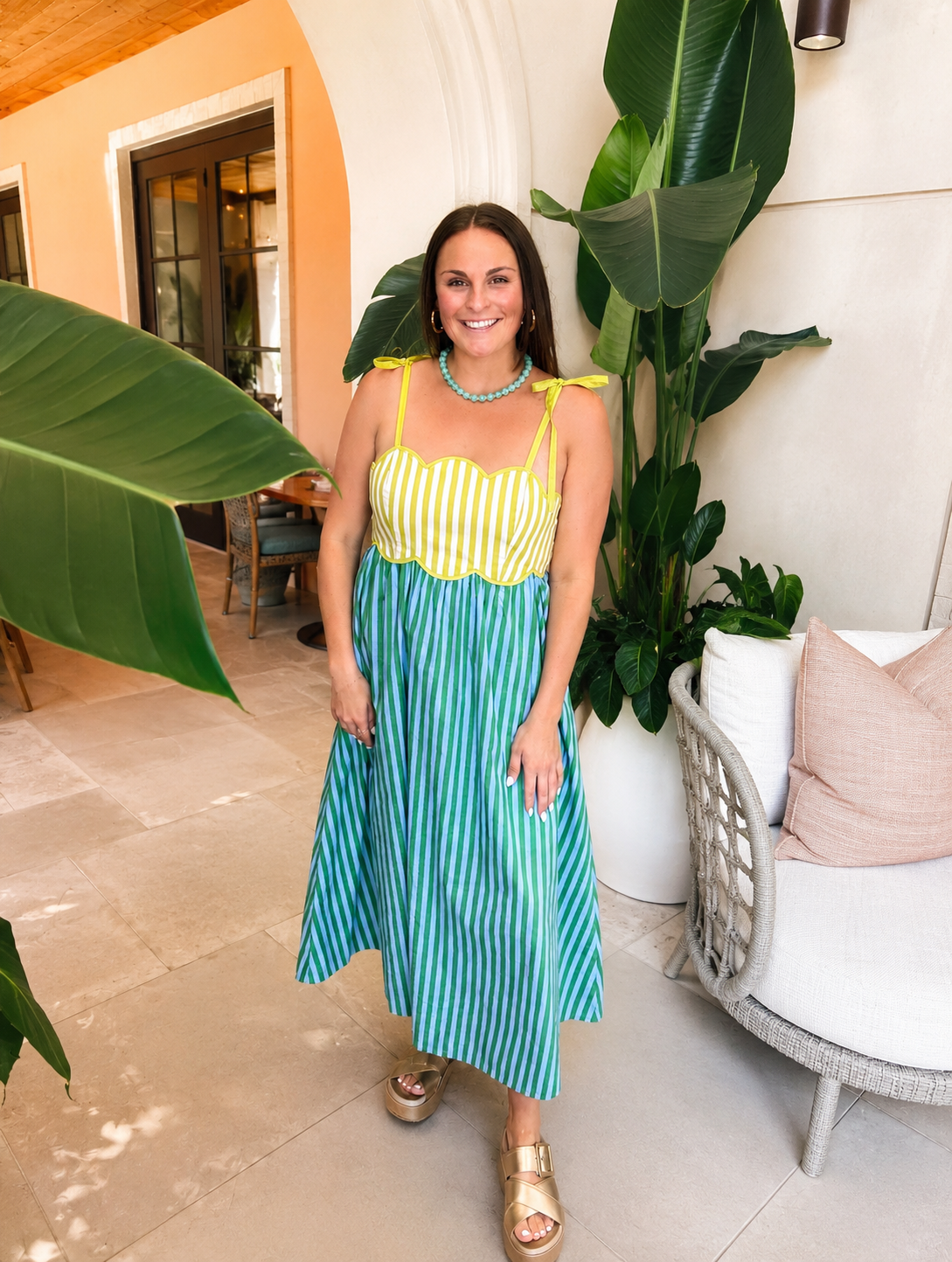 The Kiwi Dress - green and blue striped dress with adjustable tie straps and sweetheart neckline - Entro