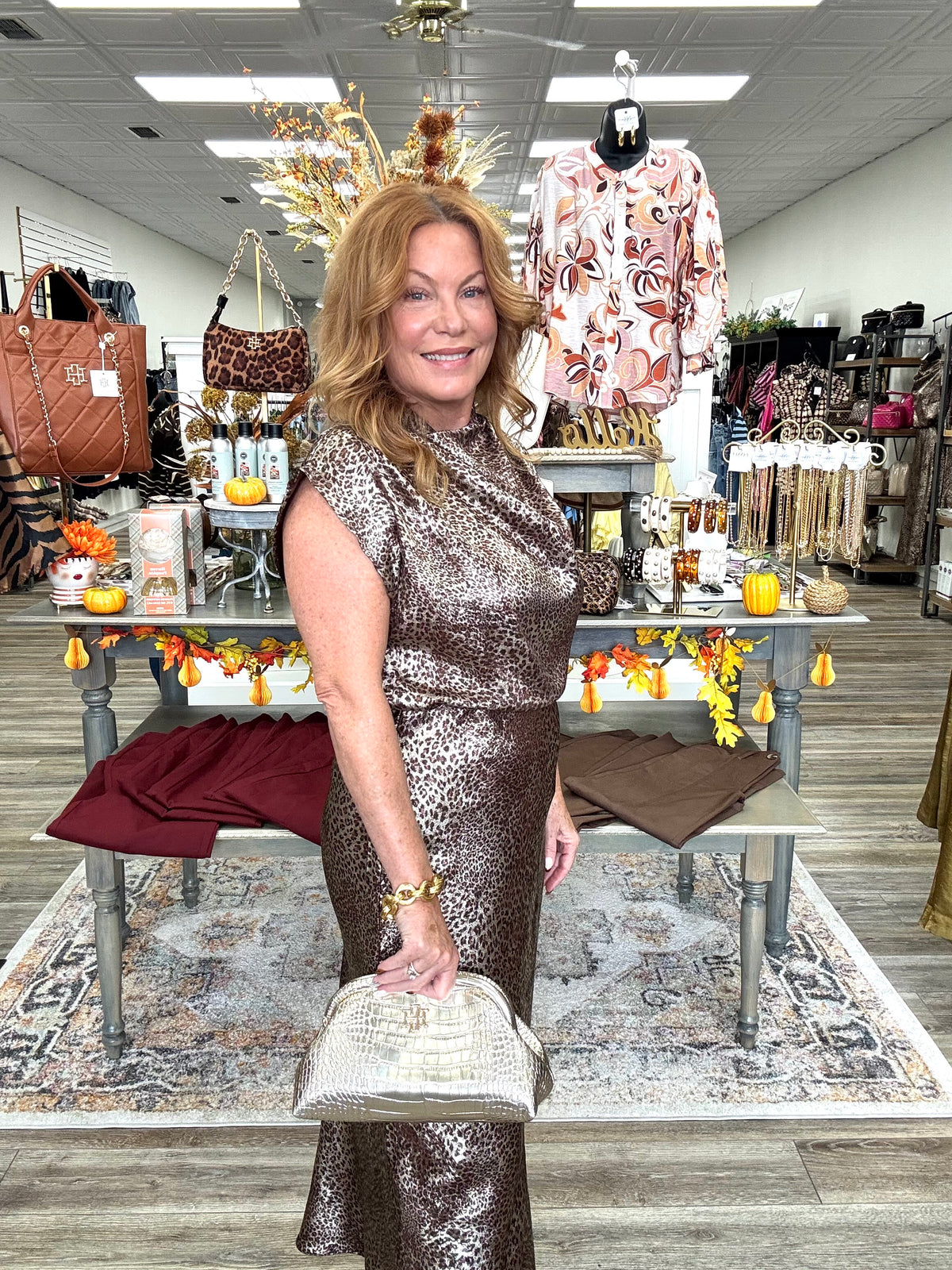 The Amanda Leopard Set -  Metallic Skirt Set Sleeves-less top With High Neck Long skirt