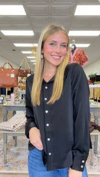 The Jody Top - Black Long Sleeve Satin Button up Collar Detail
