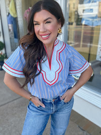 The Joni Top - Blue THML V neck Top Colorful Sleeve Outline