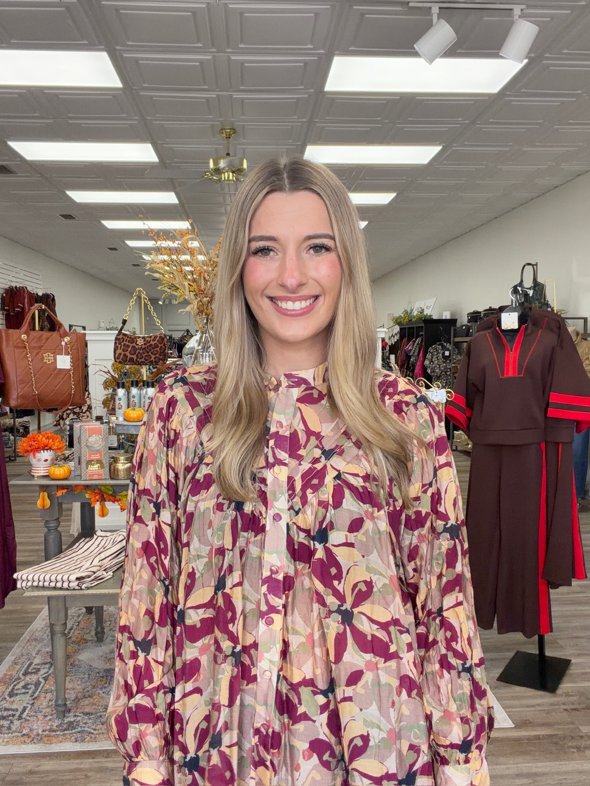 Burgundy Botanical Print Button-down blouse