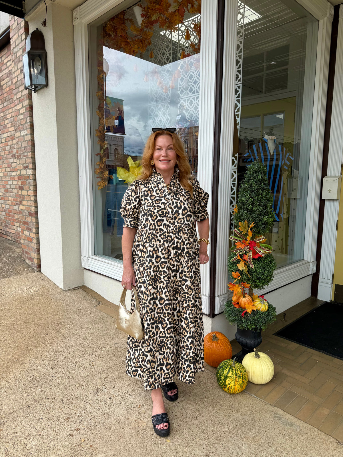 The Lennox Leopard Dress - Ruffle High Neckline Button Down Midi
