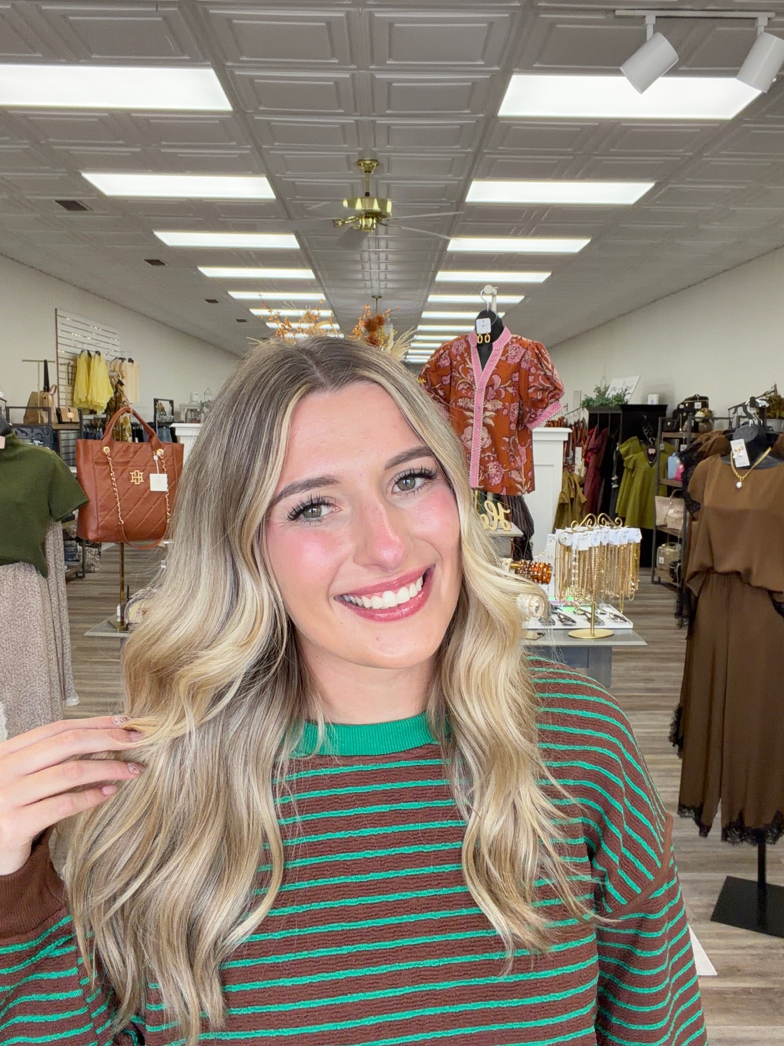 The Sutton Striped Set - striped browns long sleeve top with a squirt