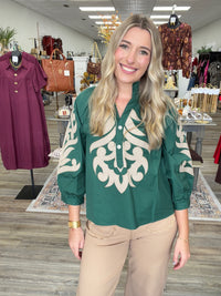 Emerald Heirloom Appliqué Ruffle Blouse