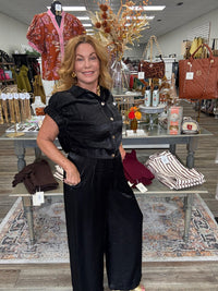 The Amanda black Pant Set - Collar blouse with short sleeve band sleeve high waist wide leg pants