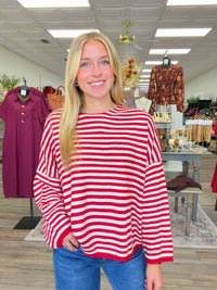 Meet me in stripes sweater - Cozy red and cream striped knit sweater featuring a relaxed fit, classic round neckline