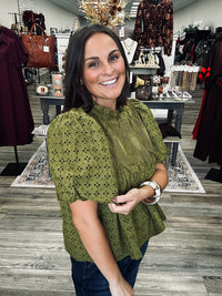 The Olivia olive top - puff sleeve, eyelet detailing