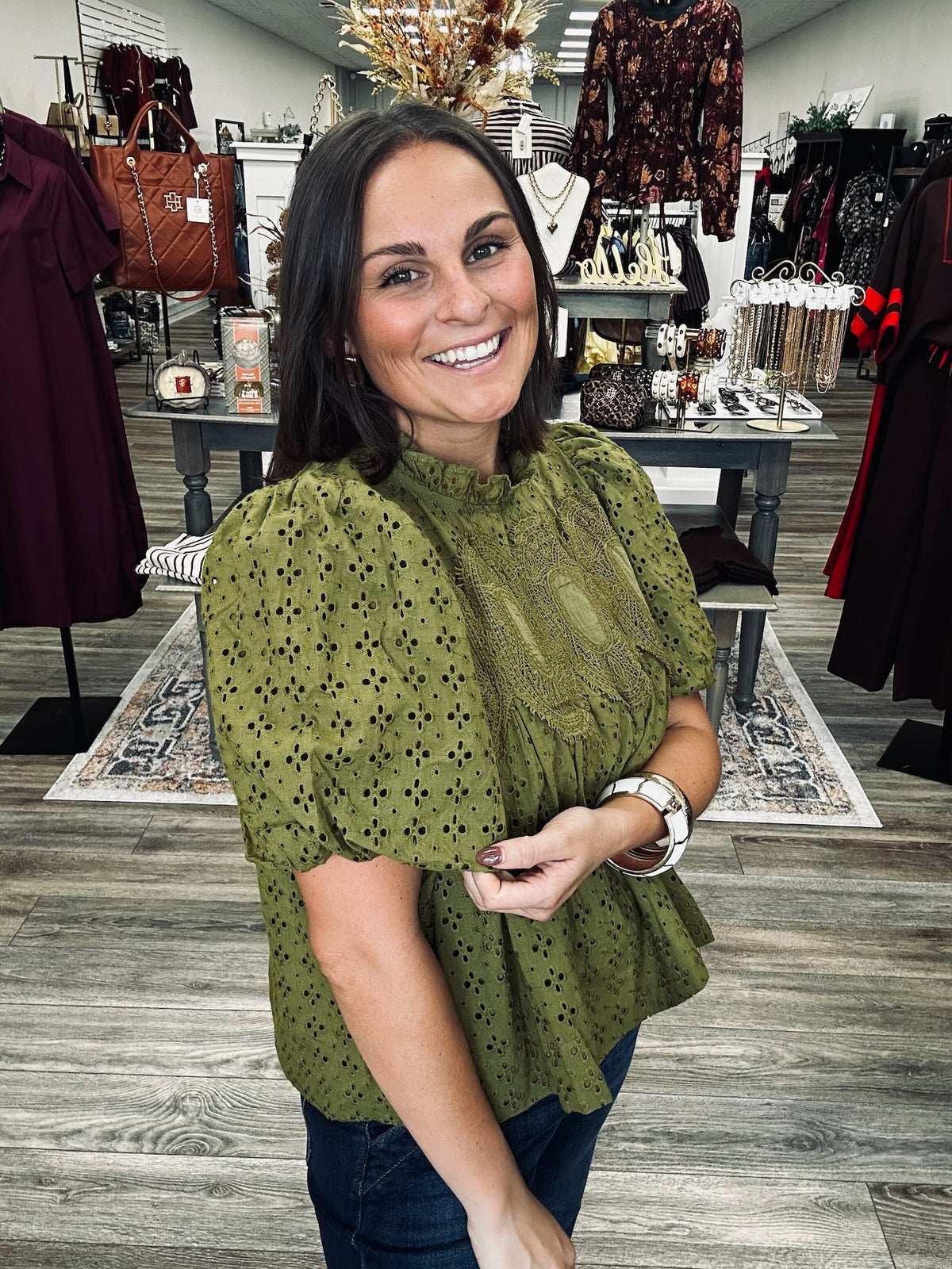 The Olivia olive top - puff sleeve, eyelet detailing