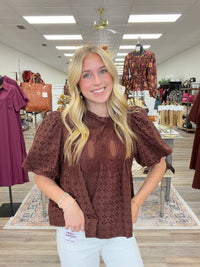 Sweet as Cocoa Blouse - Rich chocolate brown eyelet top featuring intricate crochet detailing, dramatic puff sleeves, and a feminine ruffled neckline.