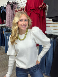 Pretty in ivory sweater -  ivory knit sweater featuring feminine puff sleeves, a classic round neckline, and a relaxed high-low hem.