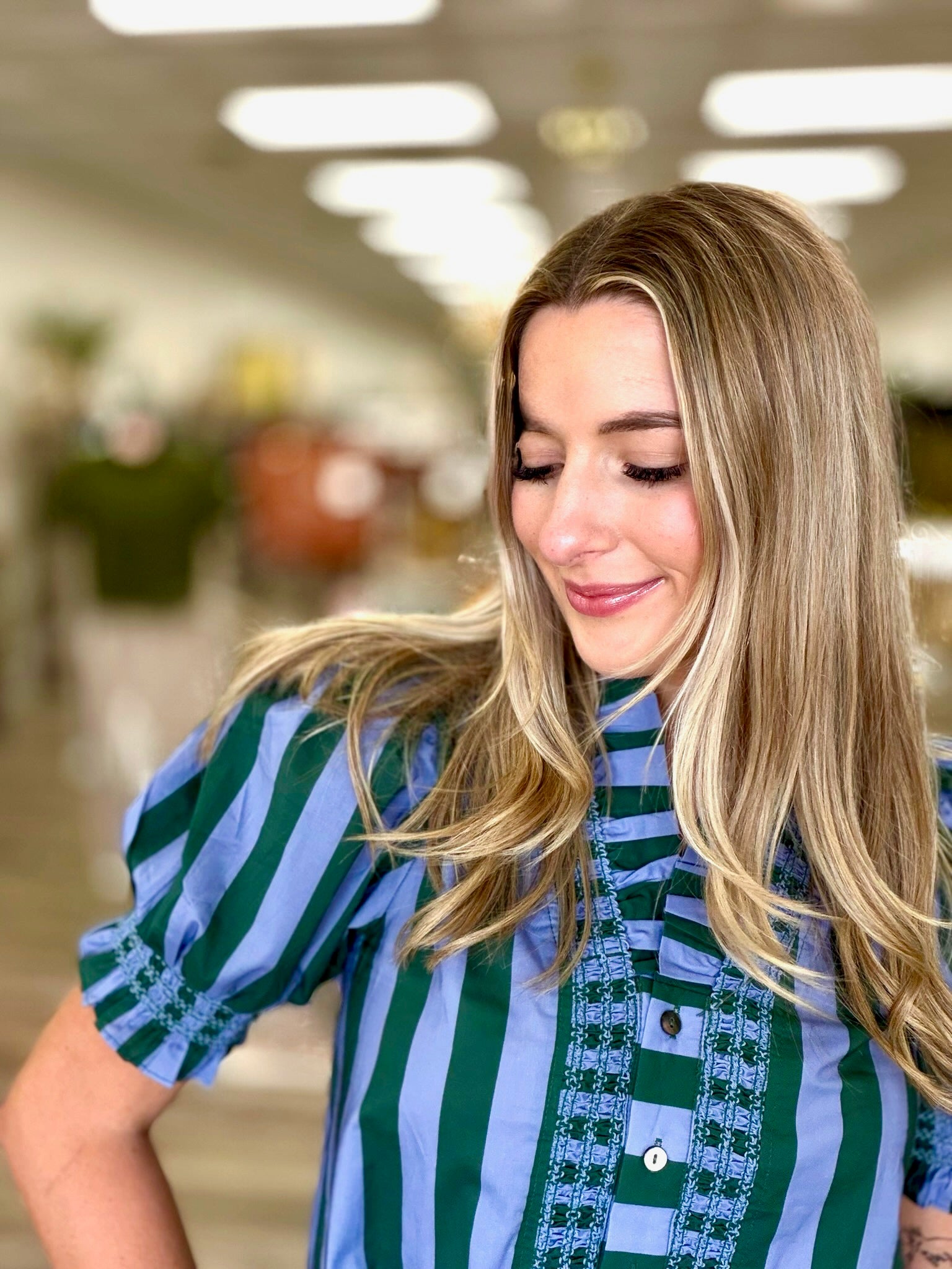 The Donna Striped Top - V Neck Puff Sleeve Ruffle Neck Line