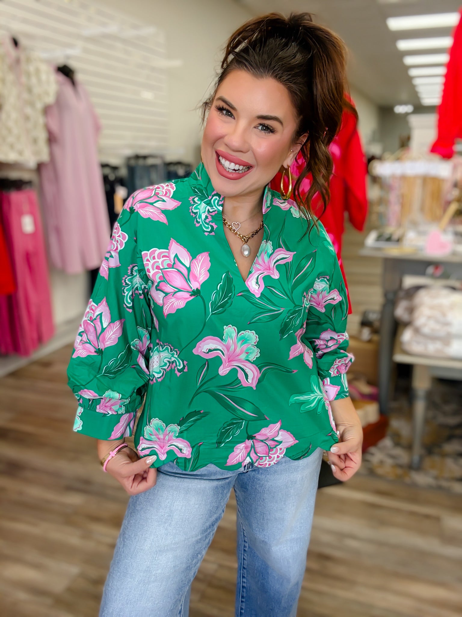 The Savannah Floral Top - Green Floral Split Neckline Puff Sleeve - Entro