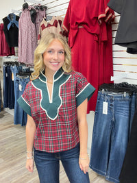 The Ellen Top - Plaid Detailing with a cap sleeve V-neck detailing