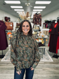 Olive After Hours Blouse- Fall Floral print, ruffle tie neckline long sleeve blouse