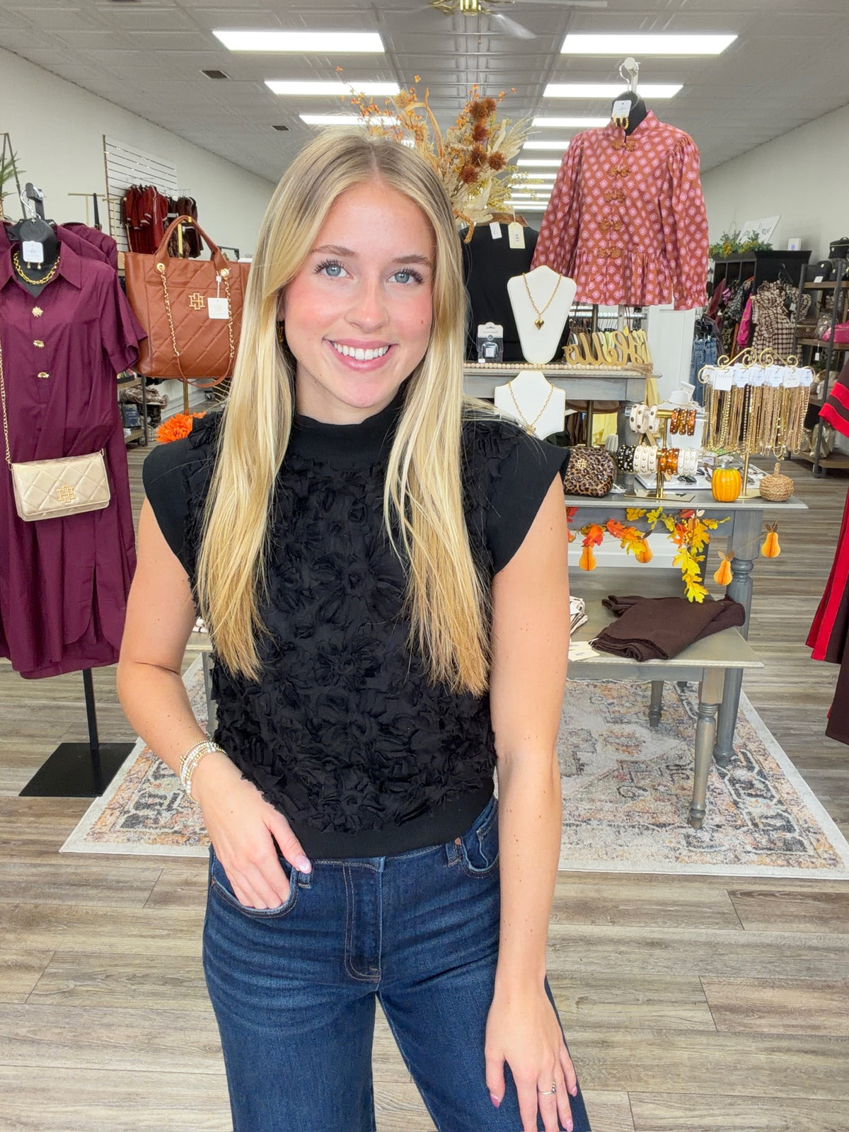 The Camila Sleeveless Top - Rosette Detail Black Too