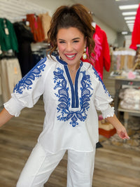 The Lila Embroidered Top - White Quarter Sleeve V Neck Embroidery Detail  - - Entro