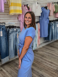 The Christina dress - soft light blue long dress with tie - Entro