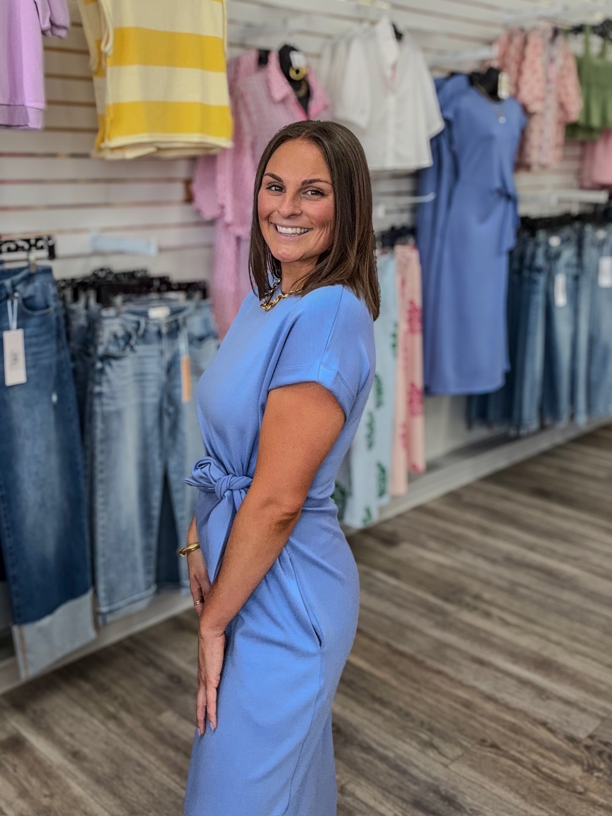The Christina dress - soft light blue long dress with tie - Entro