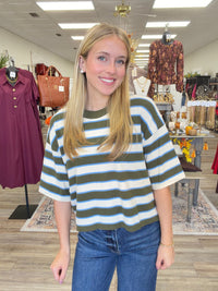 The Bella Basic Top - blue and green striped top, round neckline, Soft Material
