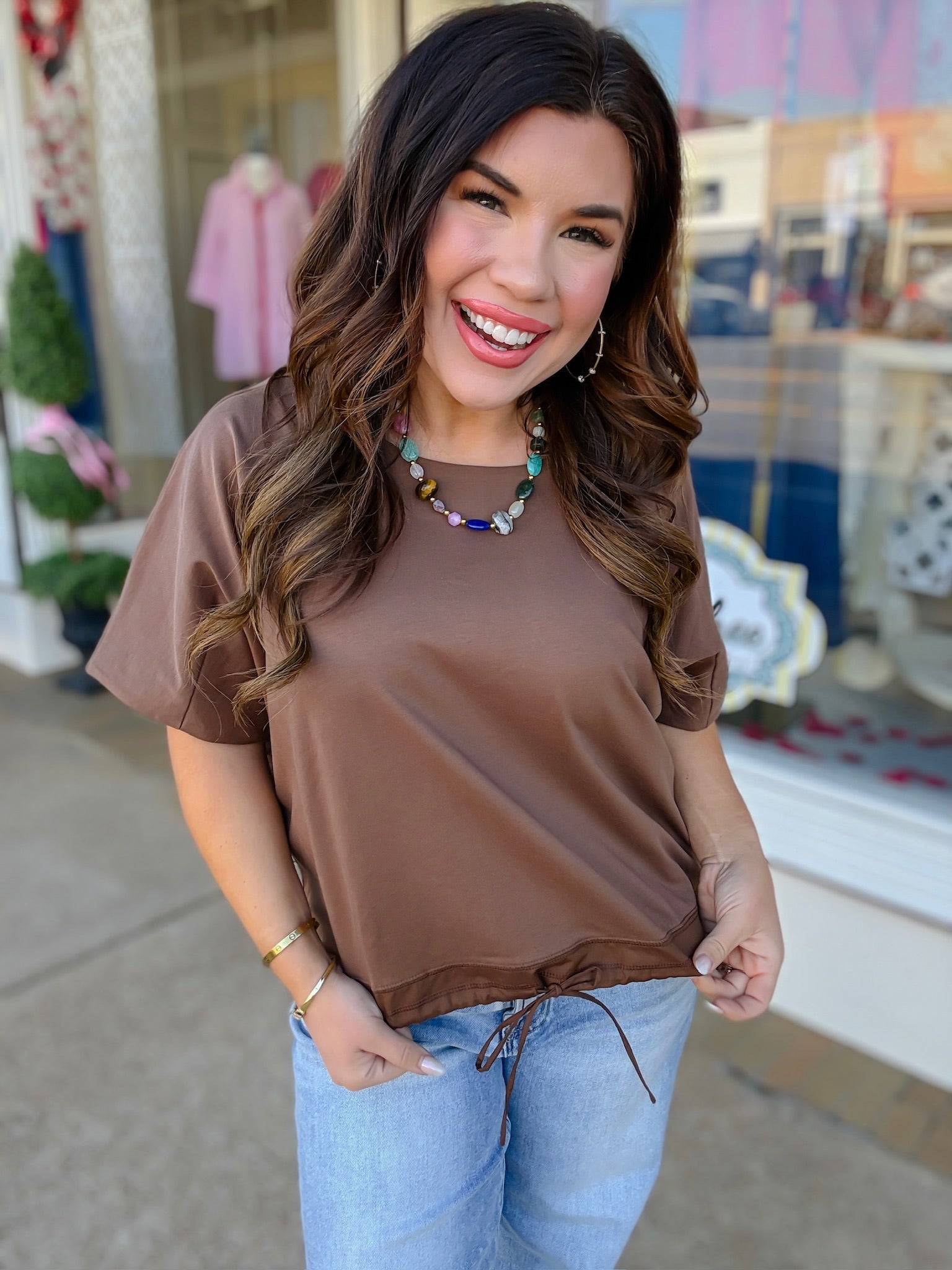 The Ella Top - Brown Draped Neckline Basic - Entro